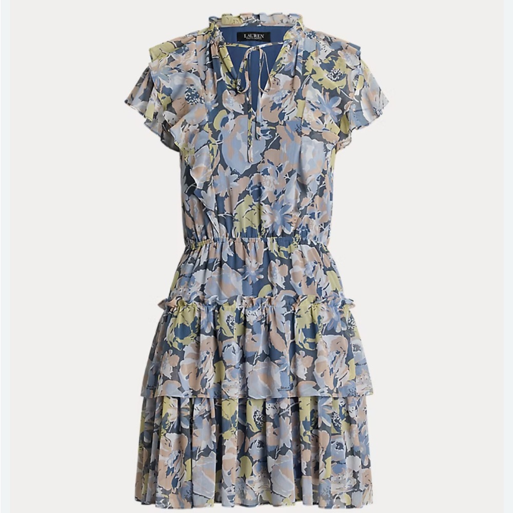 Ralph Lauren Plus Size blue Floral Ruffle Trim Georgette Dress. NWT Size 22W - Picture 5 of 9